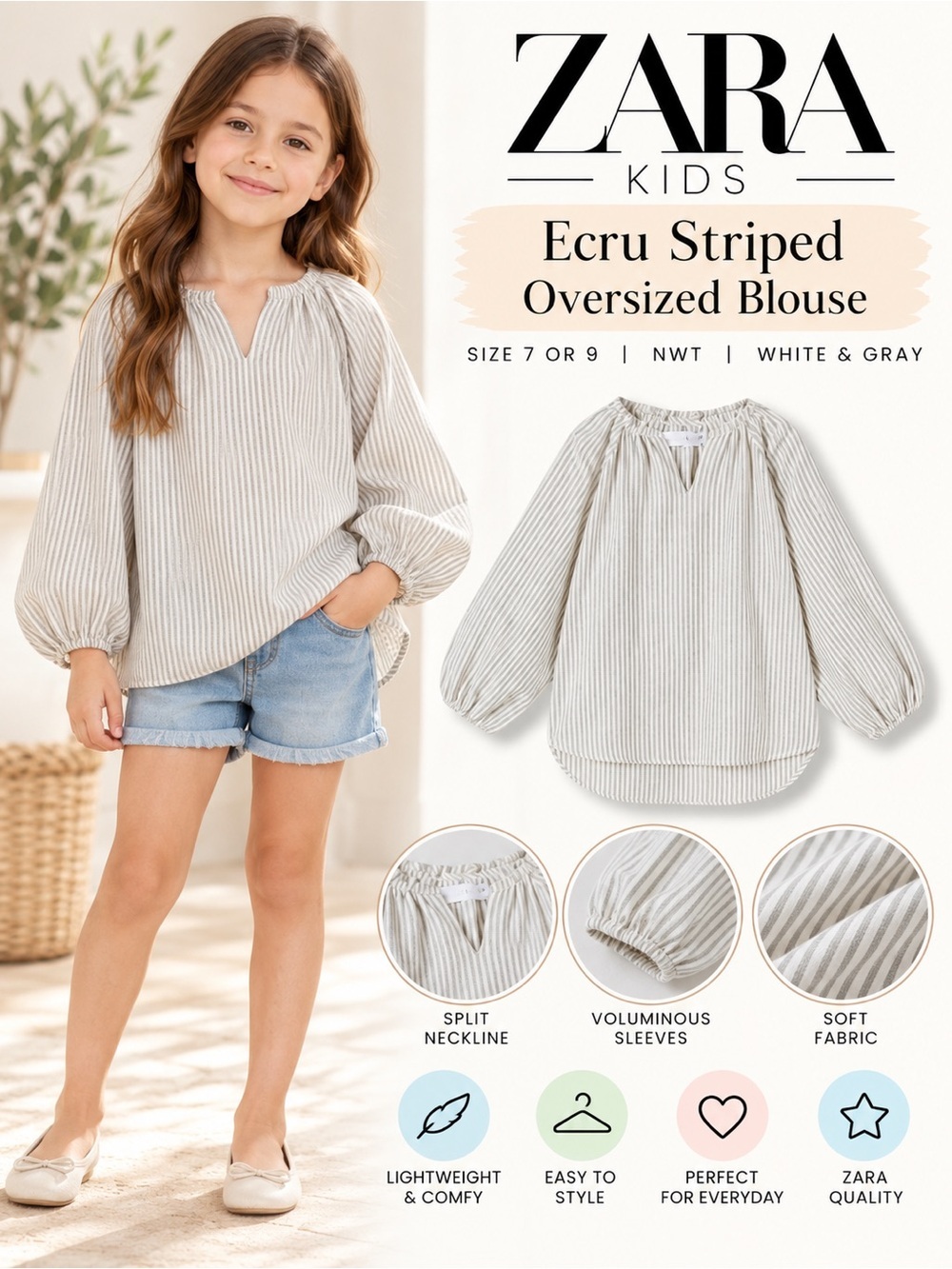 ZARA Kids Girls Ecru Gray Striped Oversized Blouse NWT 7 6669/049